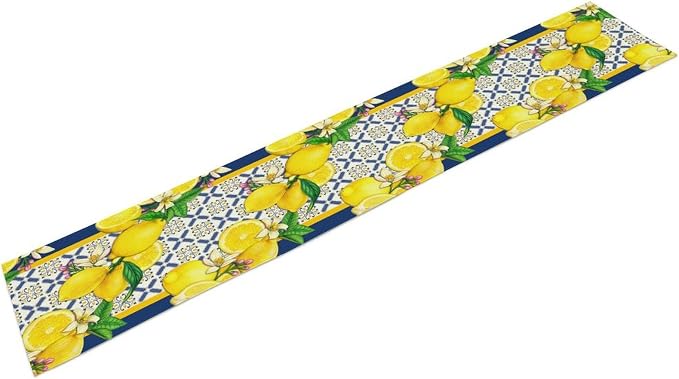 Yellow Lemon Table Runner, Spring Summer Seasonal Blue Tiles Watercolor Lemon - Image 7