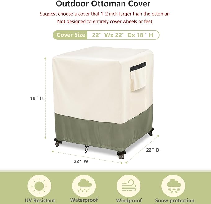 Outdoor Ottoman Cover 22 W x 22 D x 18 H inches, 600D Heavy Duty Waterproof - Image 2
