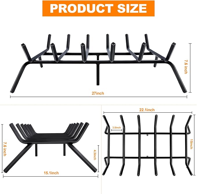 Fireplace Grate, Fireplace Log Holder, 27 inch Heavy Duty Solid Cast Iron - Image 2
