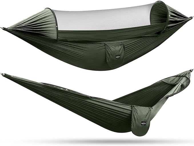 Hammock, Army Green Nylon Pop-Up 2-Person with Mosquito Net
