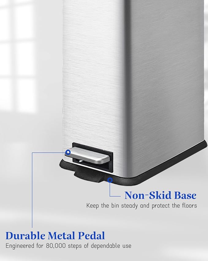 Rubbish Bin with Lid, 10 L, Stainless Steel Waste Bin, Pedal Bin, Stainless - Image 6