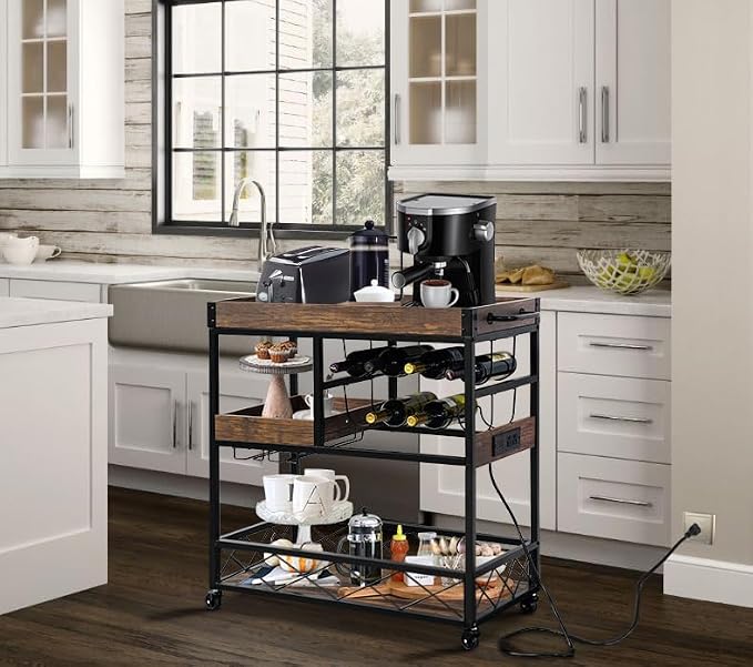 Bar Cart with Power Outlet, Industrial Kitchen Serving Cart with Wine Rack & - Image 4