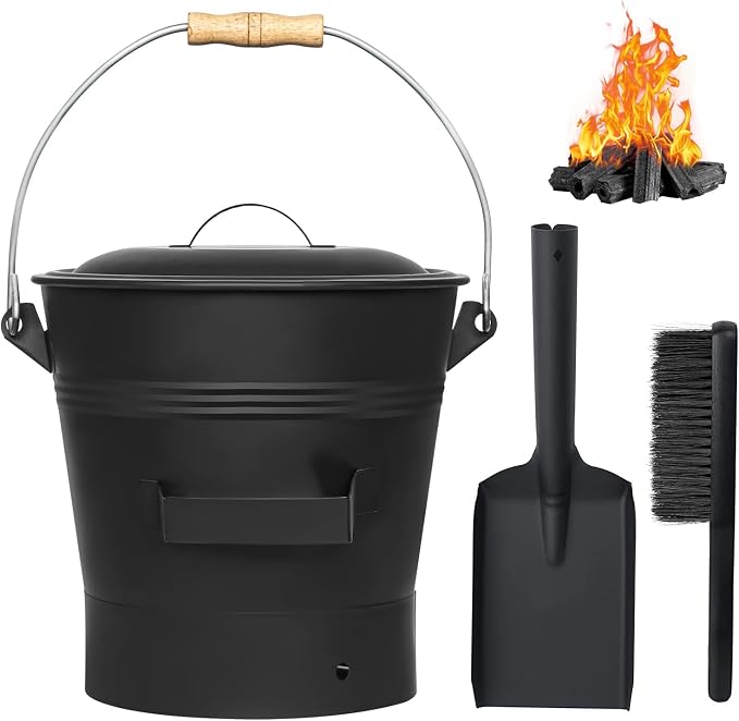 Ash Bucket with Lid, Shovel and Hand Broom, 2.6 Gallon Fireplace Metal Bucket by AOREWTGGH