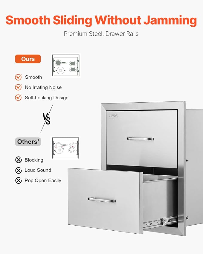 VEVOR Outdoor Kitchen Drawers, 17.8W x 20.2H x 12.2D Inch, Flush Mount Double - Image 7