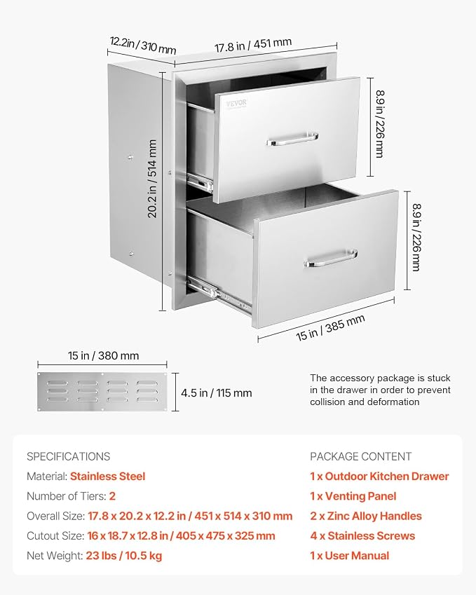 VEVOR Outdoor Kitchen Drawers, 17.8W x 20.2H x 12.2D Inch, Flush Mount Double - Image 3