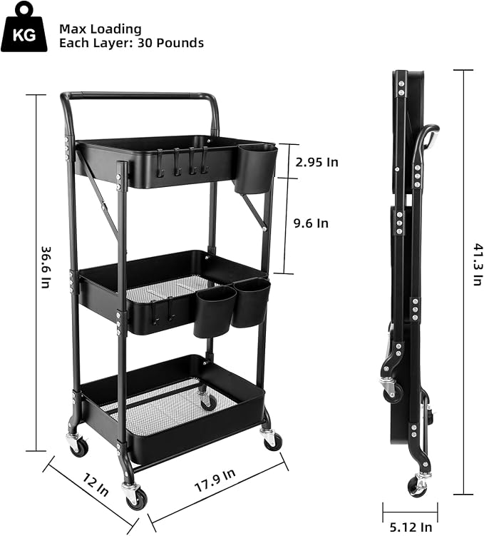 3 Tier Foldable Rolling Cart - Image 7