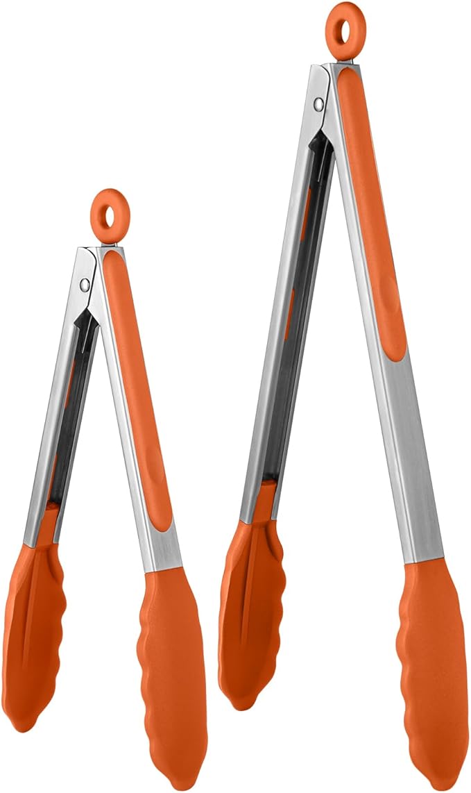 Tongs with Silicone Tips, 18/8 Stainless Steel Handles and Lock, Orange