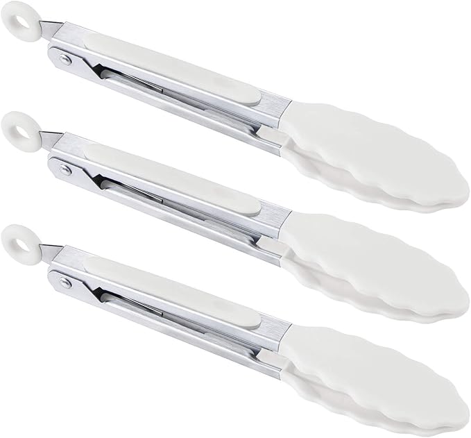 Tongs Set of 3 Stainless Steel Silicone Heads, 7 Inch, Snow White
