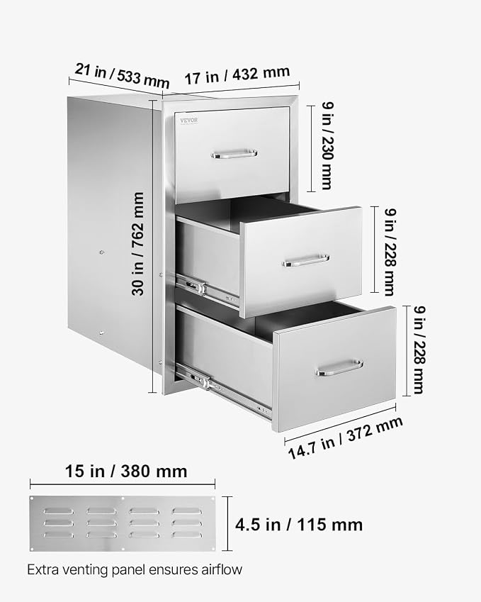 VEVOR 17W x 30H x 21D Inch Outdoor Kitchen Stainless Steel Double Access Drawers - Image 2