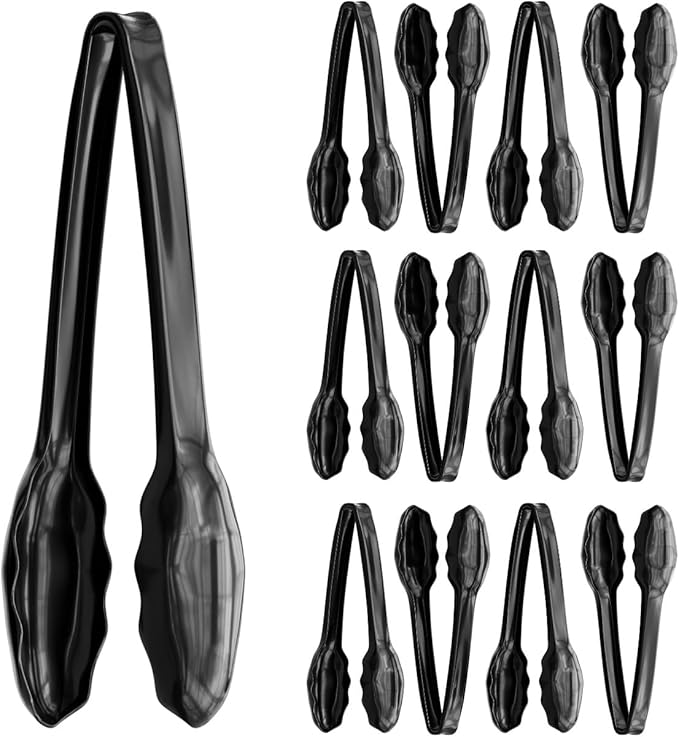 Disposable Tongs, 12 Count Large Black Plastic Serving Tongs