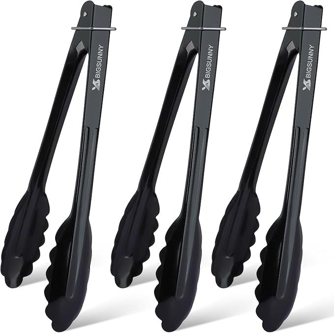Aluminum Food Tongs, 9 Inch Black 3-Pack with Scalloped Tips