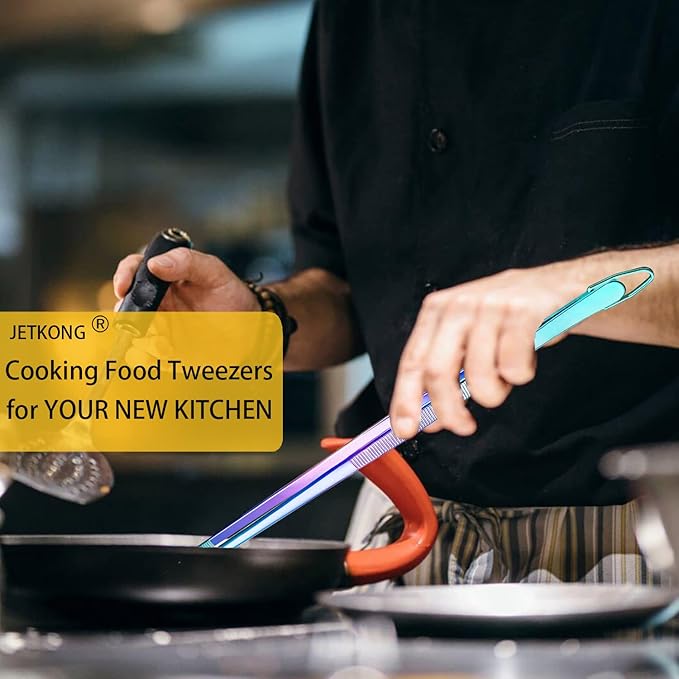 Tongs: 12-Inch Stainless Steel Food Tweezers in Rainbow Finish, Set of 2