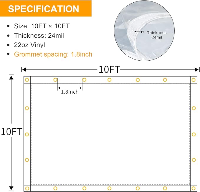 10 x 10FT Outdoor Clear Tarp Curtain Waterproof Wind-Proof 24 Mil Transparent - Image 2