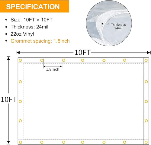 10 x 10FT Outdoor Clear Tarp Curtain Waterproof Wind-Proof 24 Mil Transparent - Image 2