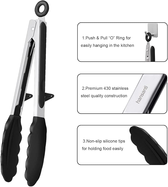 Tongs Set, 4 Piece Stainless Steel Kitchen Tongs with Silicone Tips