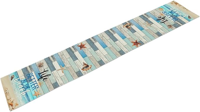 Summer Beach Table Runner, Nautical Starfish Seashell Ocean Retro Wooden Plank - Image 6