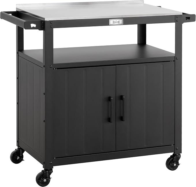 Outdoor Grill Cart with Stainless Steel Tabletop and Storage Cabinet, Movable by Idealforcook
