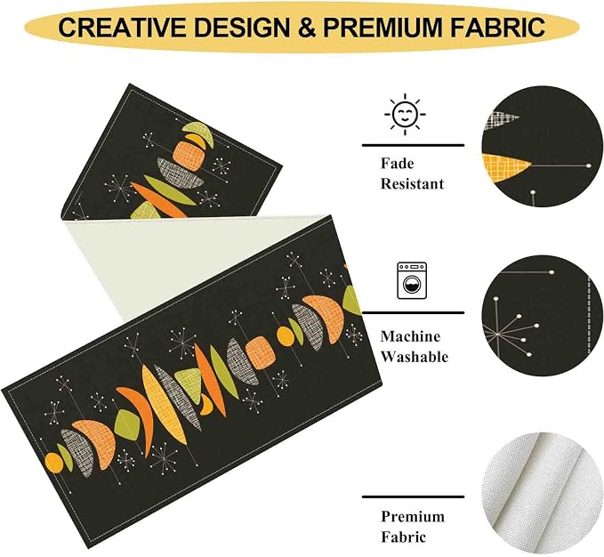Mid Century Modern Table Runner, Retro 1950s Atomic Modern Abstract Black - Image 5