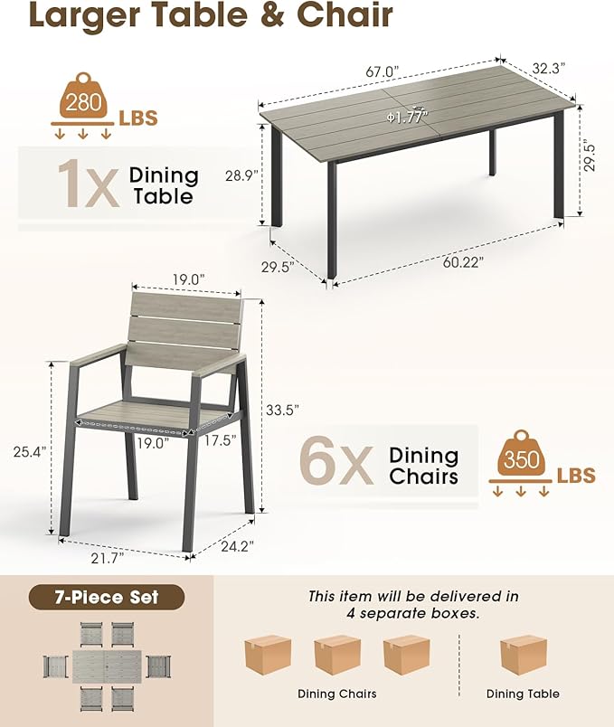 Patio Outdoor Dining Set for 6, Aluminum 7 Piece HDPS Patio Table and Chairs Set - Image 6