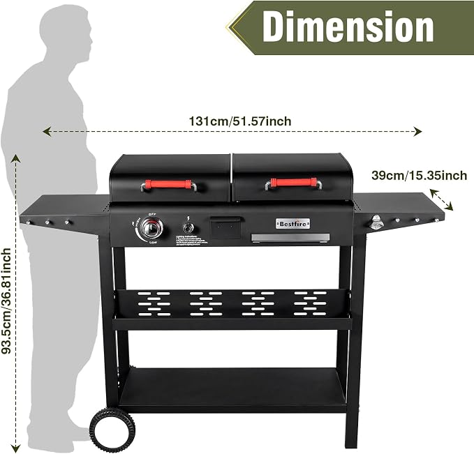 Propane Gas Griddle Charcoal Grill Combo Flat Top Griddle W/Dual Lids & 2 Side - Image 6