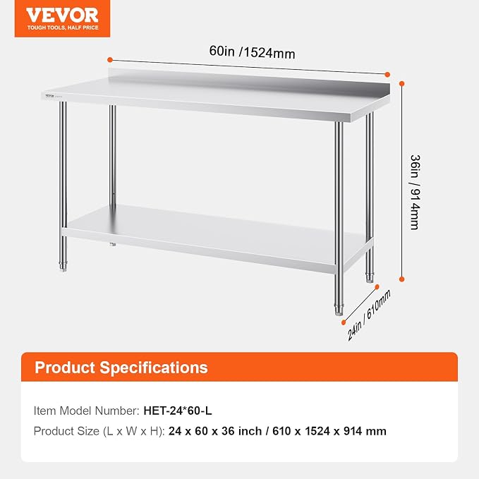 VEVOR 24 x 60 x 36 Inch Stainless Steel Work Table, Commercial Food Prep - Image 3
