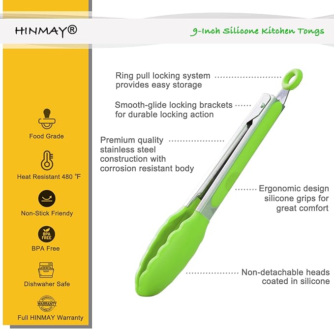 Tongs 9-Inch Green Silicone with Locking Stainless Steel, Pack of 3