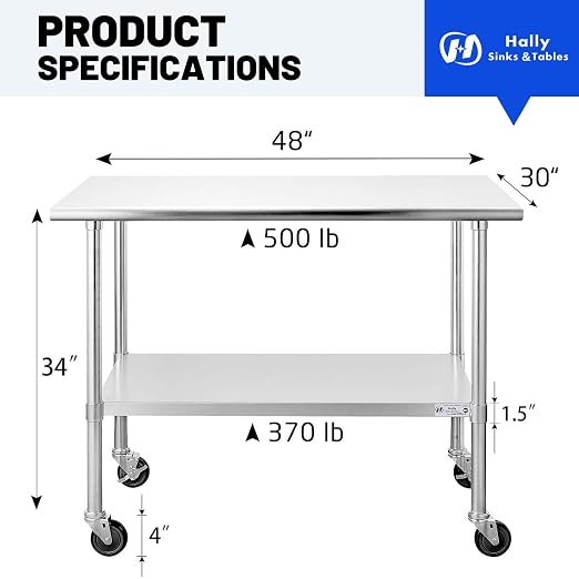 Hally Stainless Steel Table for Prep & Work 30 x 48 Inches - Image 3