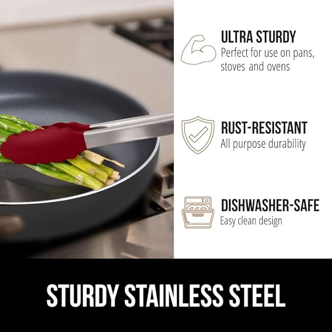 Tongs with Silicone Head and Stainless Steel Body, Red, Pull Lock