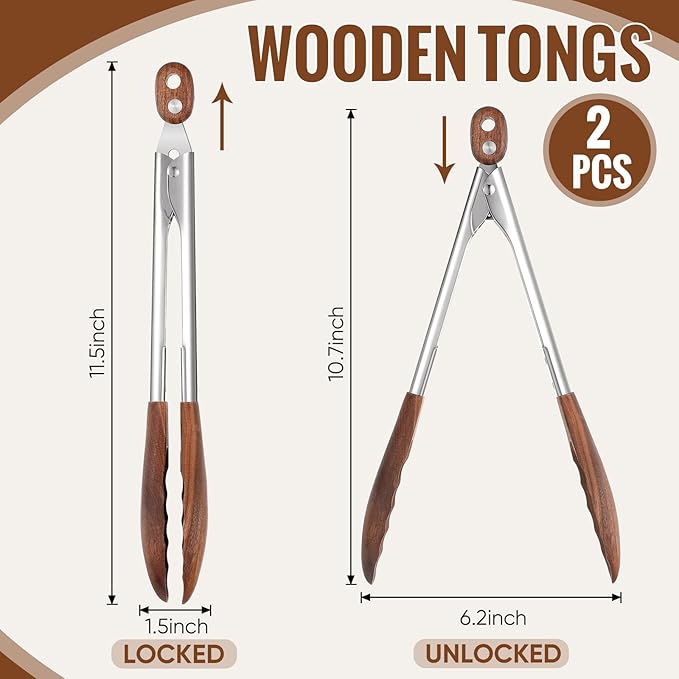 Serving Tongs 2-Pack, Walnut Wood with Stainless Steel, 11.4 Inch