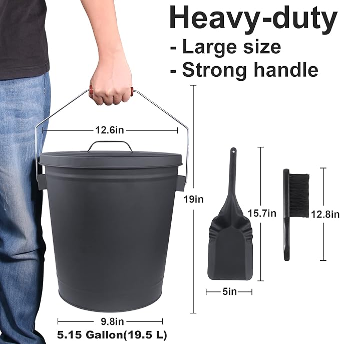 Ash Bucket with Lid and Shovel Hand Broom, 5.15 Gallon Large Galvanized Iron - Image 8