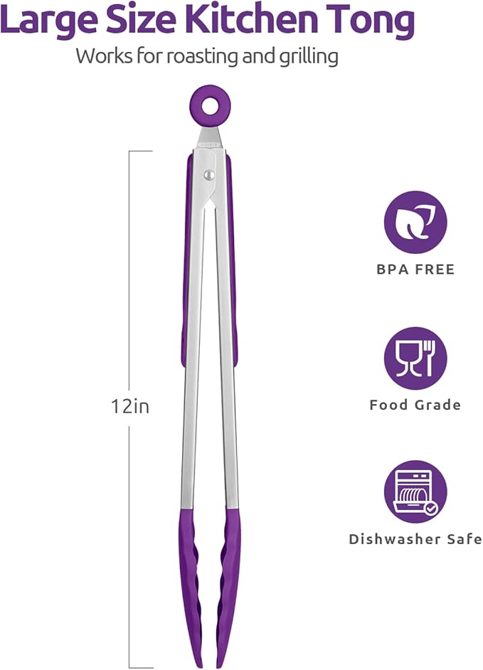 Tongs with Locking Handles and Silicone Tips, Purple 12 Inch