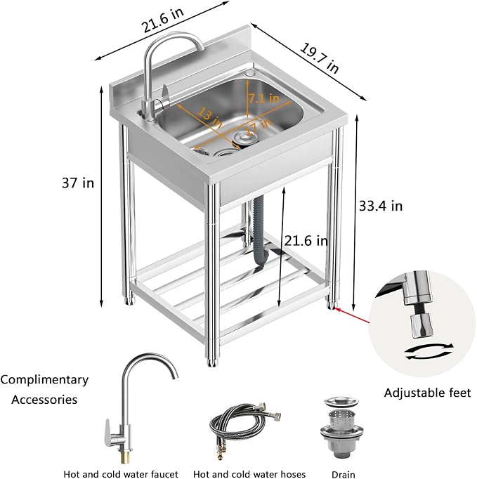 Free Standing Stainless-Steel Single Bowl Commercial Restaurant Kitchen Sink - Image 4