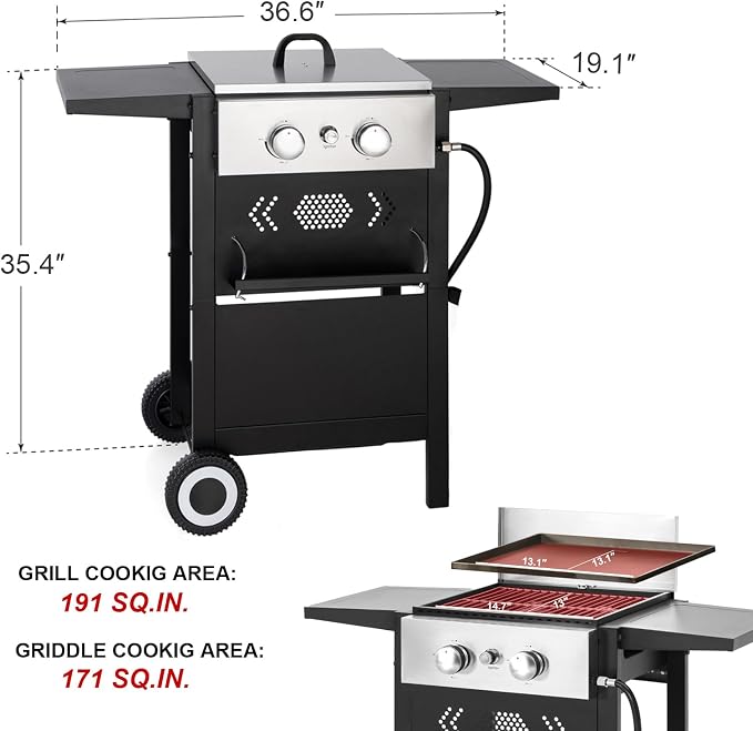 GREEN PARTY 2 Burner Griddle Grill Combo, 2 in 1 Propane Gas BBQ Grill w/Cast - Image 3