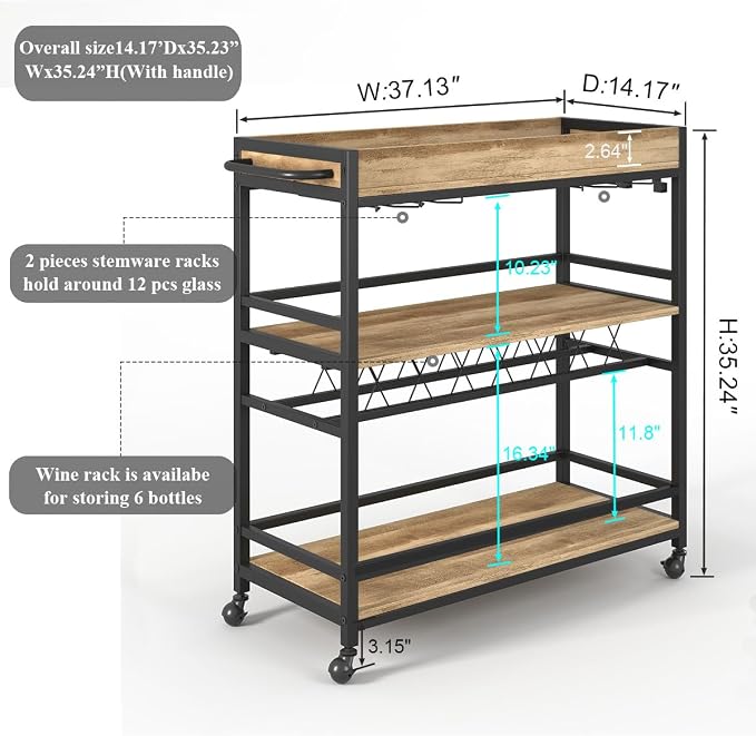 BON AUGURE Bar Cart for The Home, Bar Serving Carts on Wheels, 3 Tier Storage - Image 2