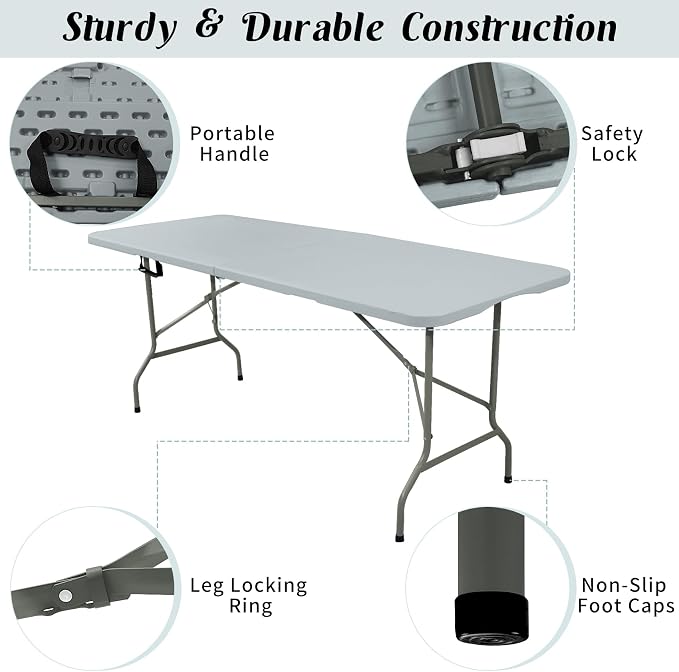 Fivenl 2 Pack 6 FT Folding Tables Grey Foldable Table, Fold-in-Half - Image 3
