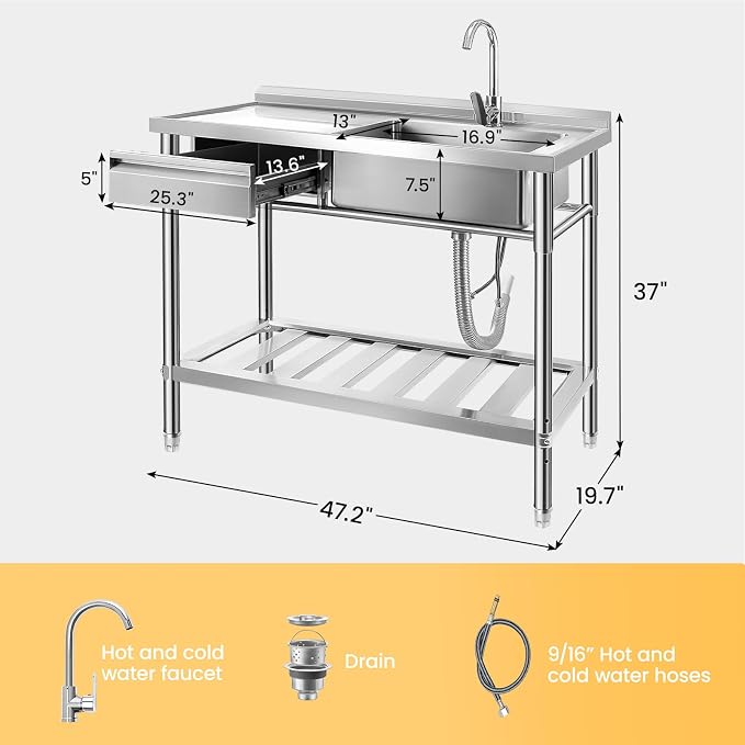 Stainless Steel Utility Sink, 47.2'' Free Standing Single Bowl Kitchen Sink - Image 3