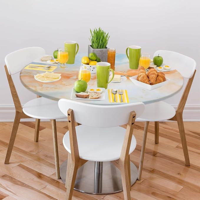 Marble Ripple Orange Blue Round Table Cloth Cover, Elastic Edge Waterproof - Image 7