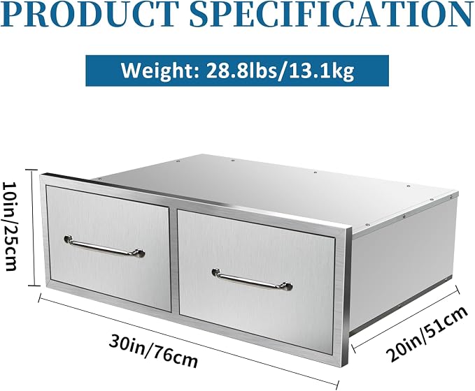 Outdoor Kitchen Drawers 30"Wx10"Hx20"D Flush Mount Access Horizontal 2-Drawer - Image 3