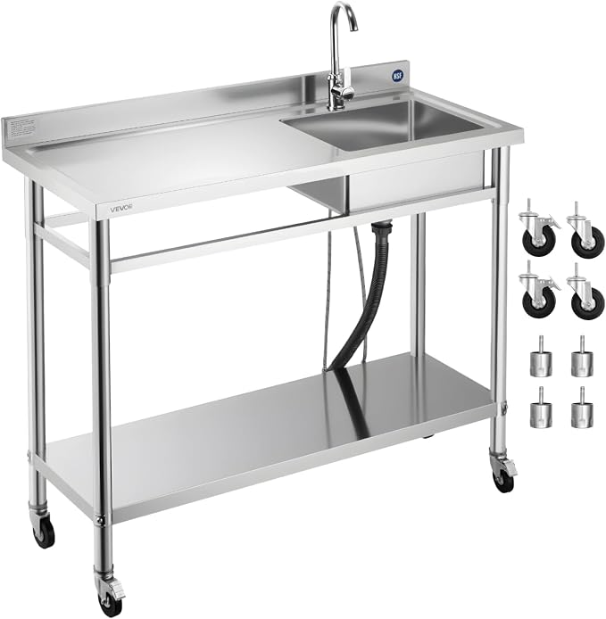 VEVOR Stainless Steel Utility Sink, Rolling Single Bowl Commercial Kitchen Sink by VEVOR