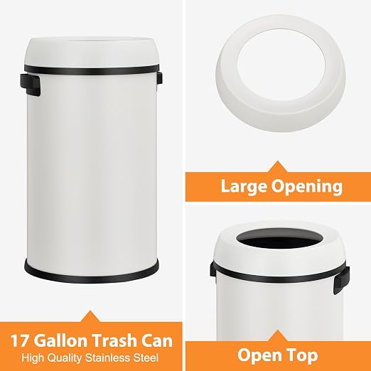 GarveeHome 17 gal/65 L Open Top Trash Can, Stainless Steel Rubbish Bin - Image 4