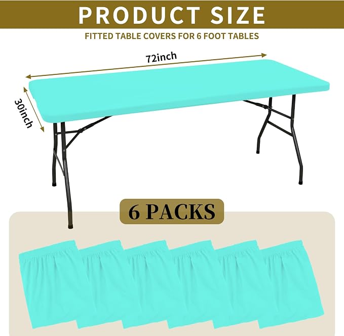 6 Pack Fitted Tablecloth for 6 Foot Rectangle Tables, Aqua Blue Elastic Outdoor - Image 2