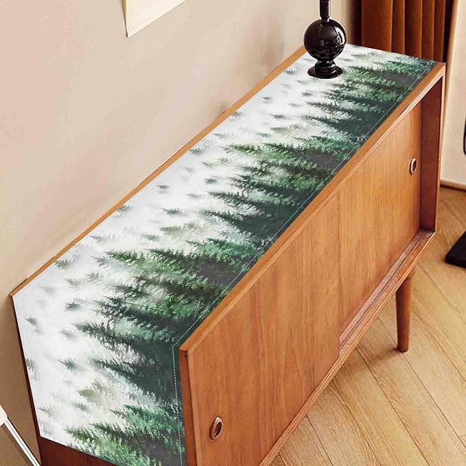 Green Forest Table Runner, Rustic Farmhouse Green Pine Tree Woodland Seasonal - Image 3