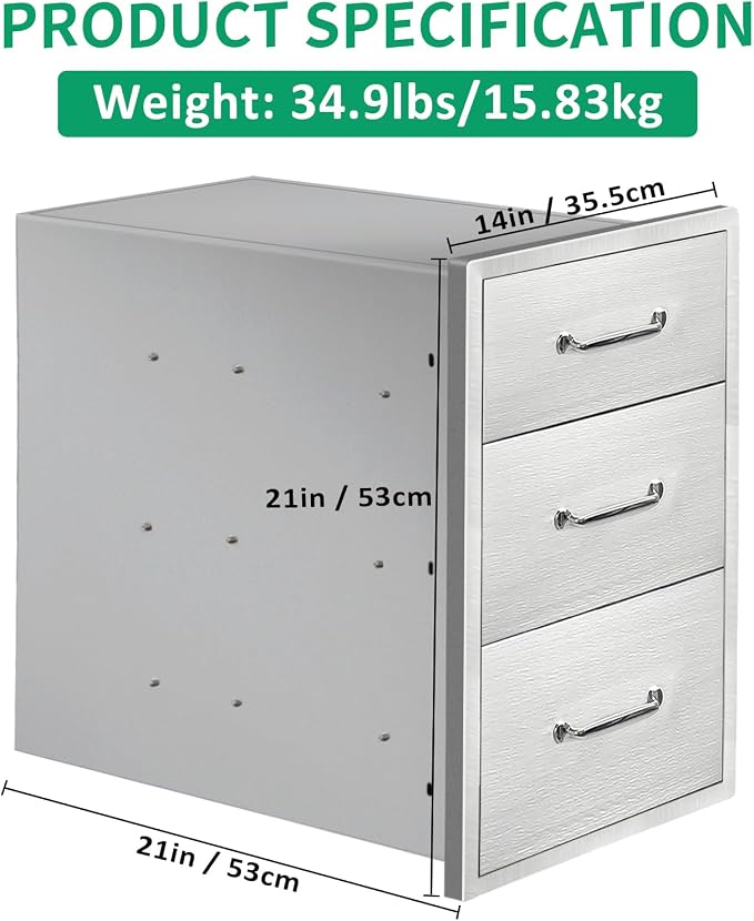 Outdoor Kitchen Drawers 14" W x 21" H x 21" D Stainless Steel Triple Drawers - Image 2