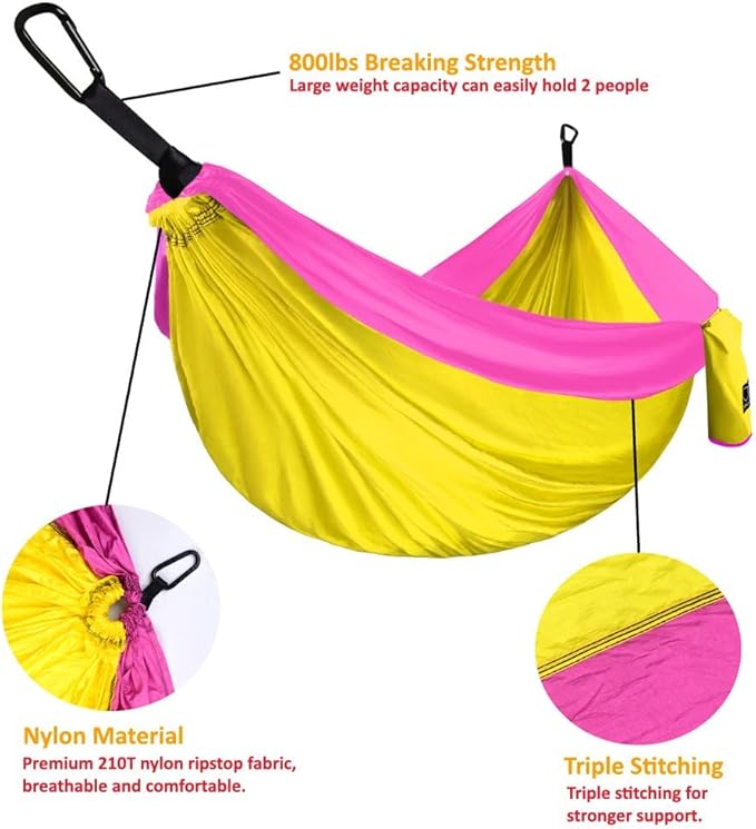 Double Camping Hammock, 125 x 79 in Parachute Nylon, Yellow and Pink