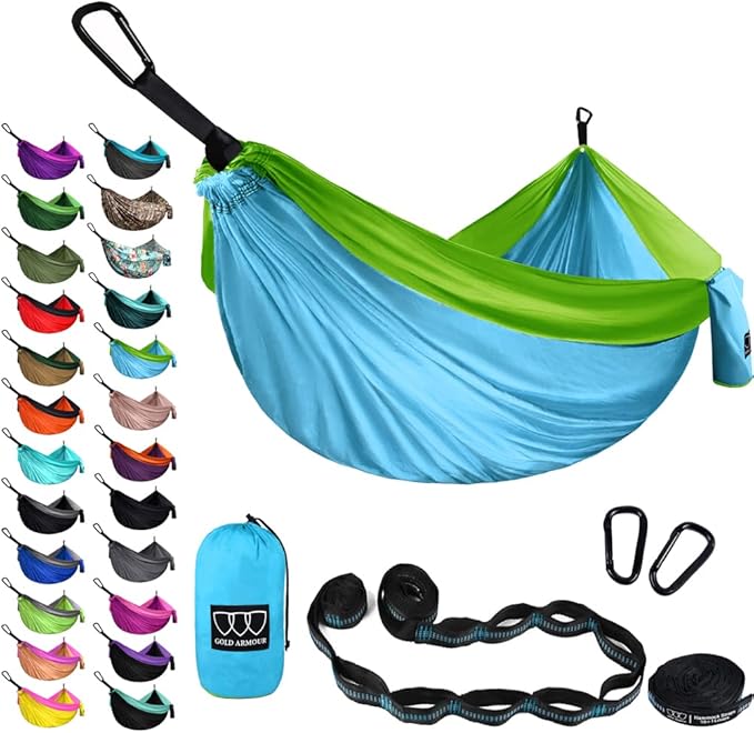 Hammocks: Extra Large Double Camping Hammock in Sky Blue and Lime Green