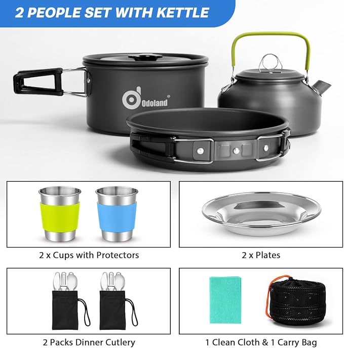 Odoland 15pcs Camping Cookware Mess Kit, Non-Stick Lightweight Pot Pan Kettle - Image 4