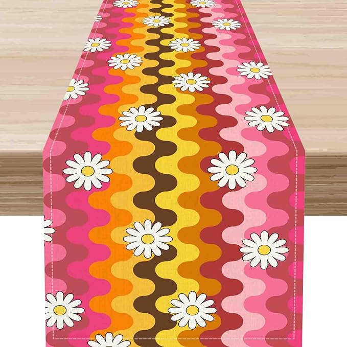 70s Table Runner, Retro Groovy Hippie Daisy Floral Pink Yellow Wave Funky by Unknown