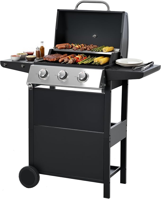 Stainless Steel 3-Burner Gas Grill, 25650 BTU Outdoor BBQ Grill by EUHOME