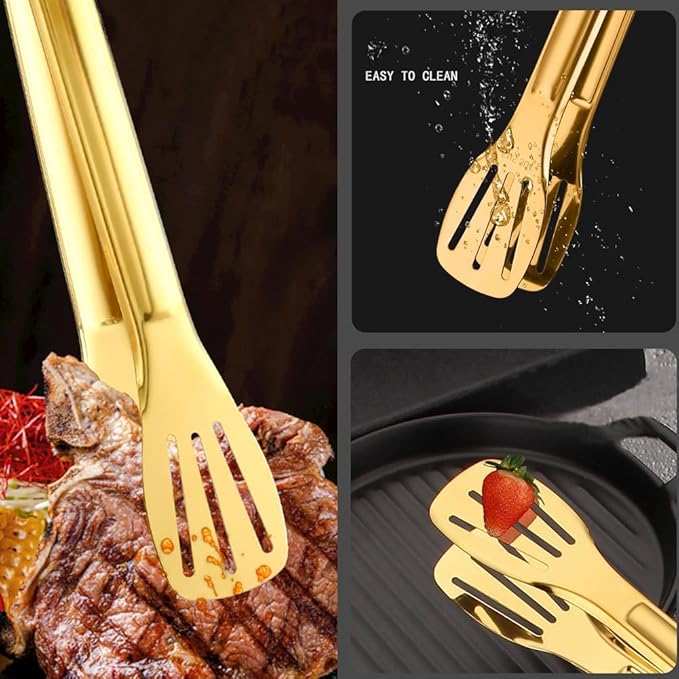 Gold Serving Tongs Set of 4, 9 Inch Stainless Steel Buffet Tongs