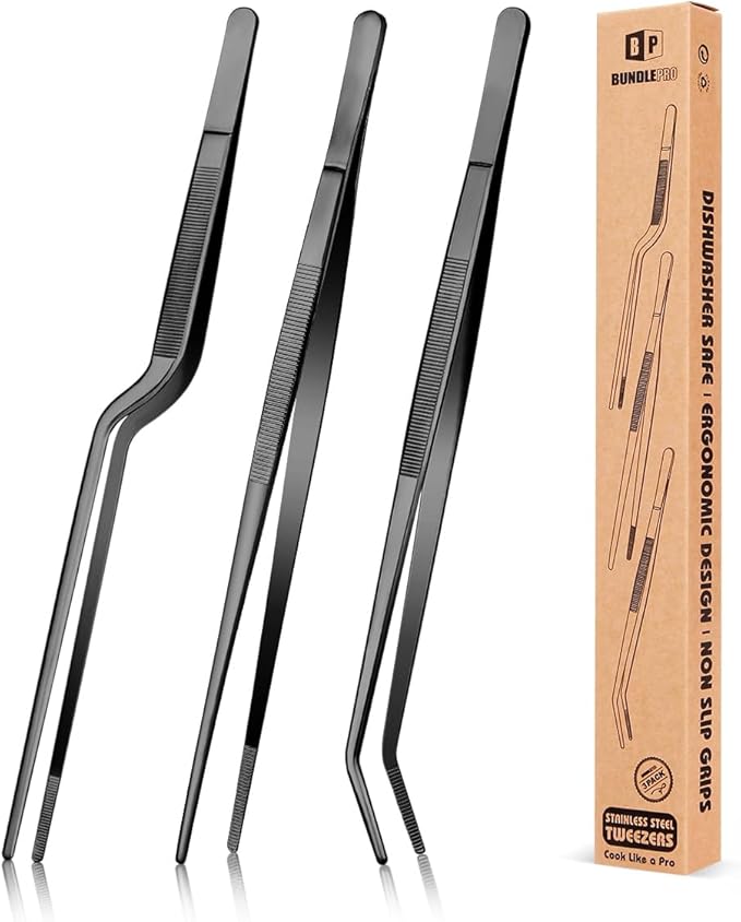 Tongs Set, 10-Inch Stainless Steel Food Tweezers in Black, 3 Designs